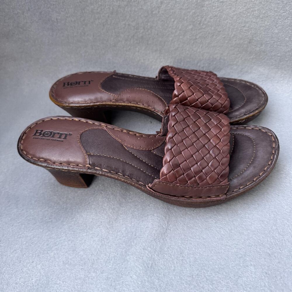 Born Børn W61486 Brown Leather Woven Slide Sandals Women’s Size 8 / 39 Heel‎